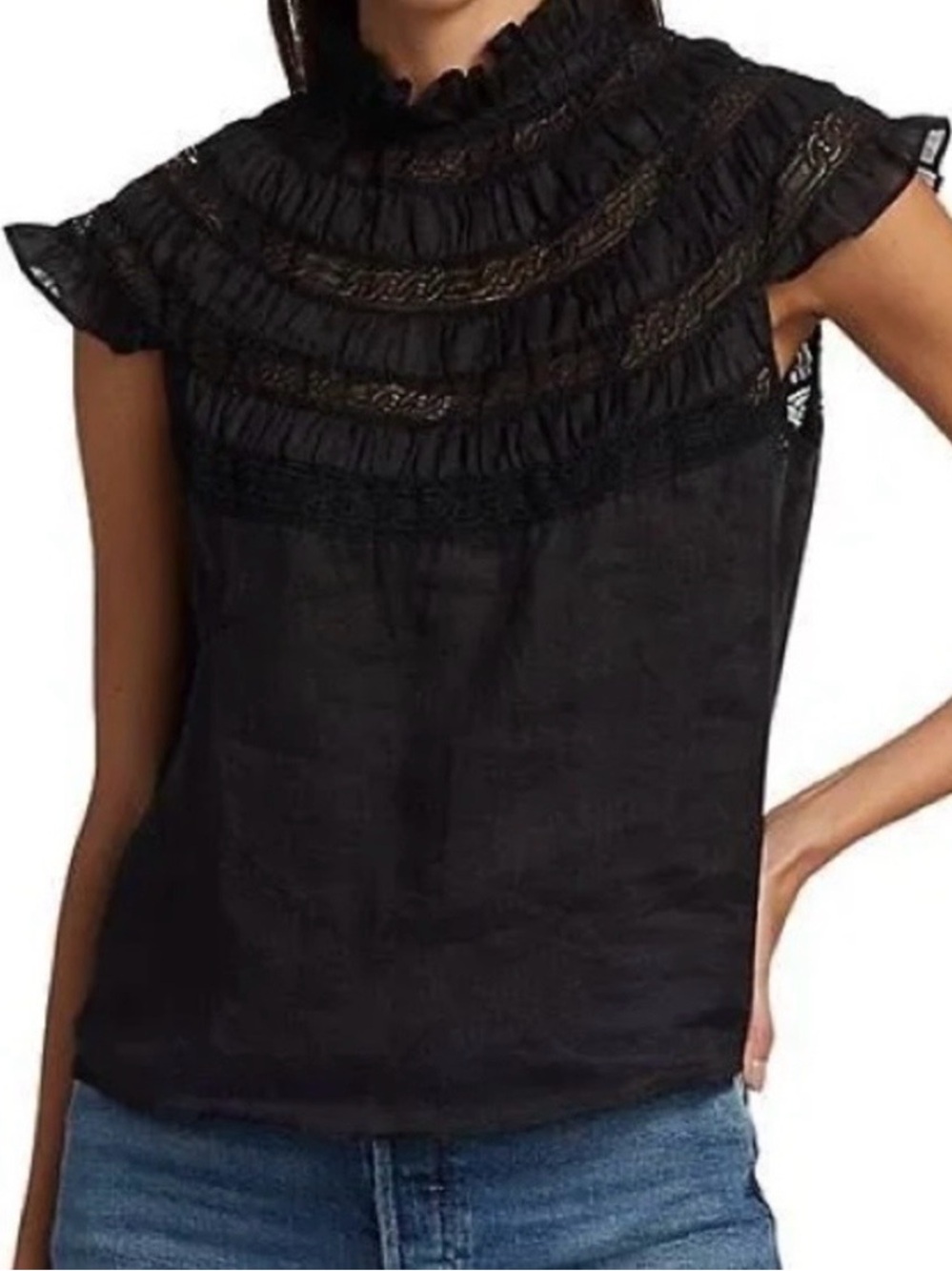 Frame Denim Black Lace Yoke Ruffle Sleeveless Top